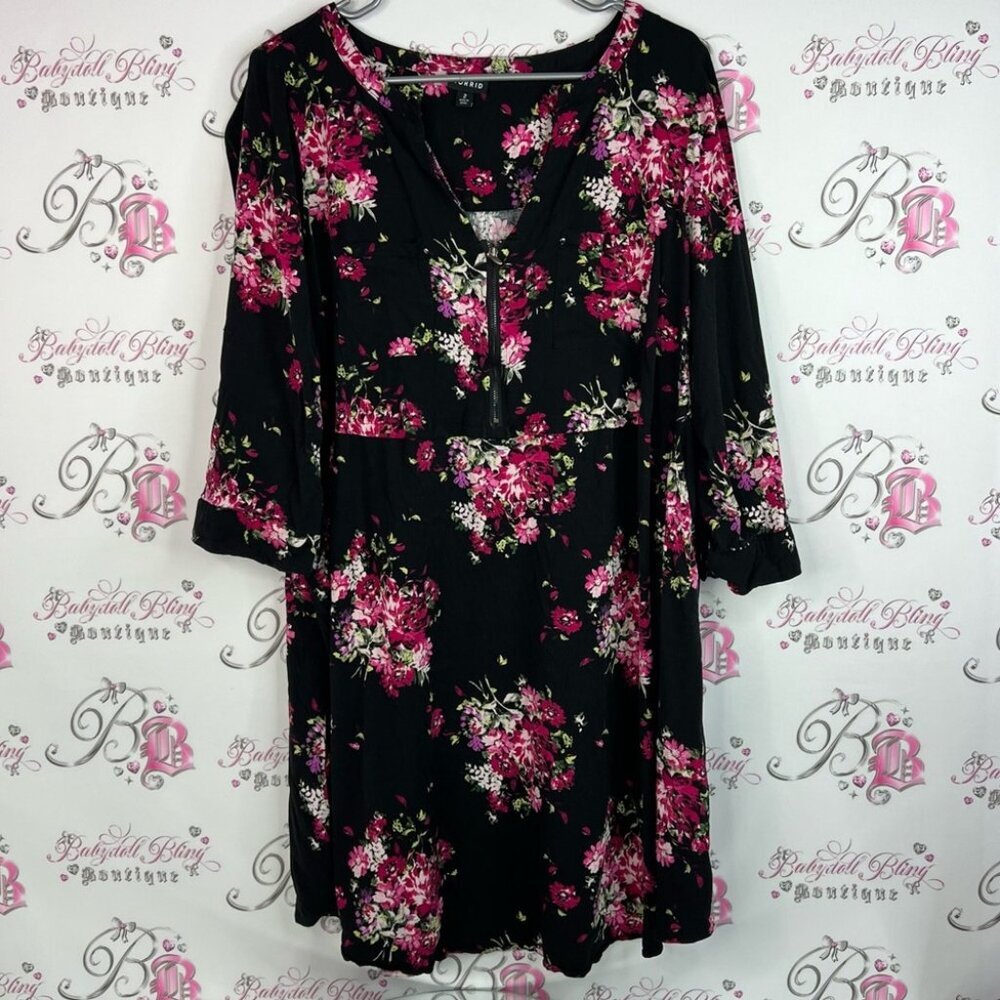 Torrid Dress half zip up zipper flowers Black and Pink Floral Long Sleeve Dress